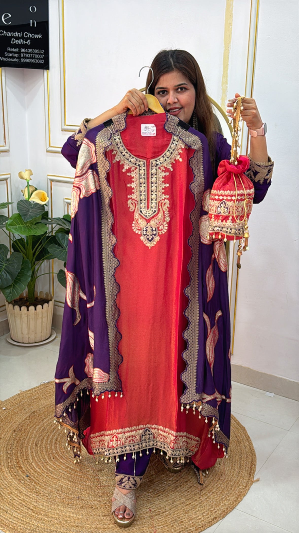Elegant Partywear Pure Shimmer Silk Suit with Designer Weaved Dupatta & Potli Concept GF 459